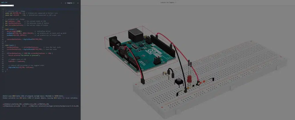 Simulador Arduino online gratis Diode con editor de código y protoboard virtual