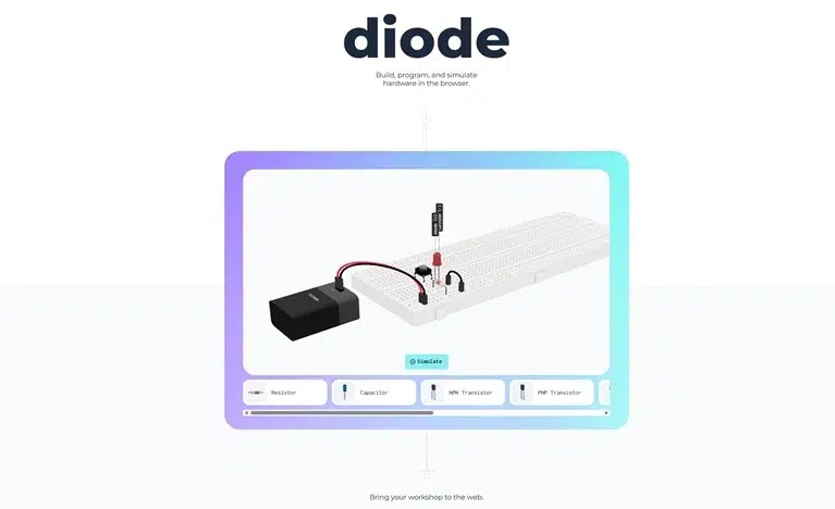 Interfaz del simulador de circuitos online gratis Diode con protoboard virtual 3D