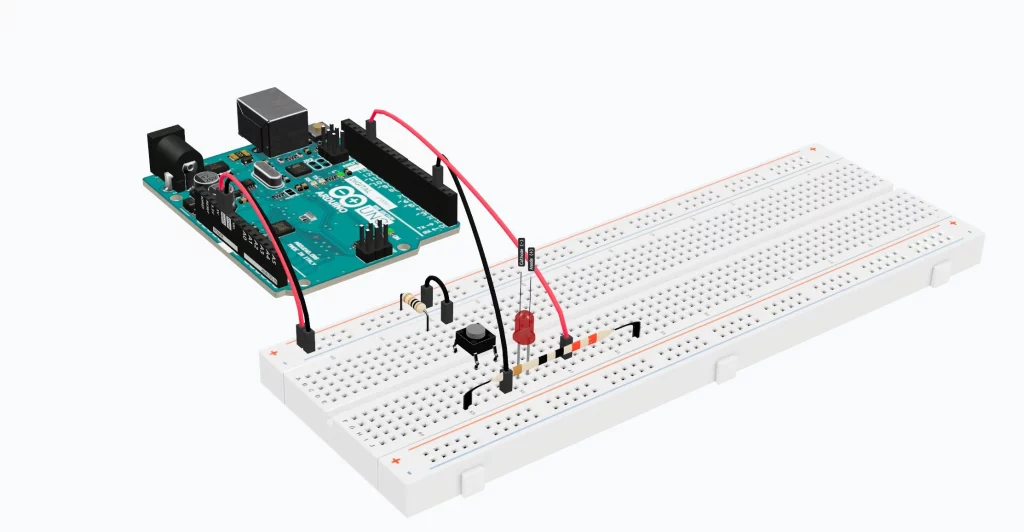 Circuito con LED y resistencia montado en el protoboard 3D del simulador Diode