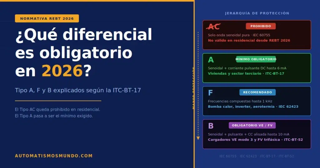 Jerarquía de diferenciales eléctricos según REBT 2026: Tipo AC prohibido, Tipo A obligatorio en viviendas, Tipo F para variadores monofásicos y Tipo B para cargadores de vehículo eléctrico
