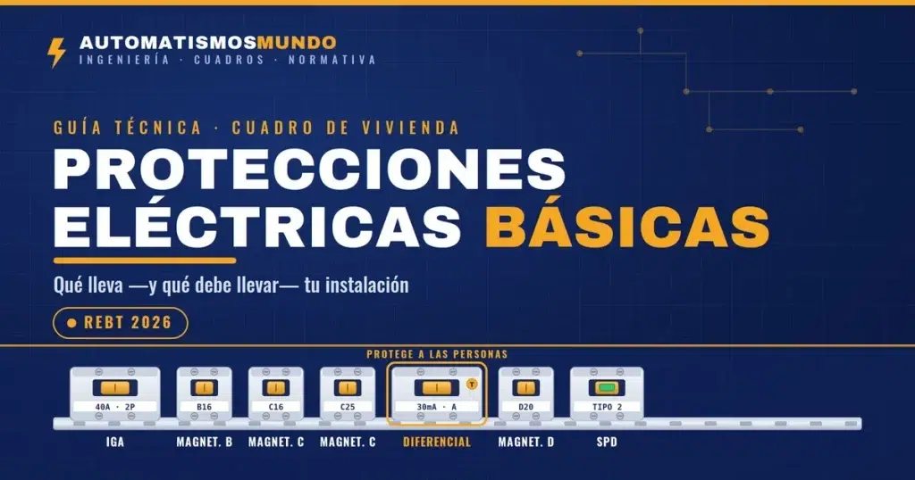 Protecciones eléctricas básicas del cuadro de una vivienda: IGA, magnetotérmicos, diferencial 30mA y protector de sobretensiones según el REBT 2026