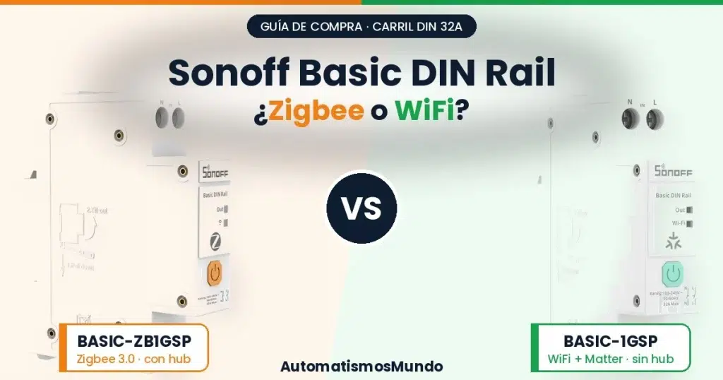 Comparativa Sonoff Basic DIN Rail: versión Zigbee BASIC-ZB1GSP frente a versión WiFi Matter BASIC-1GSP para carril DIN de 32A